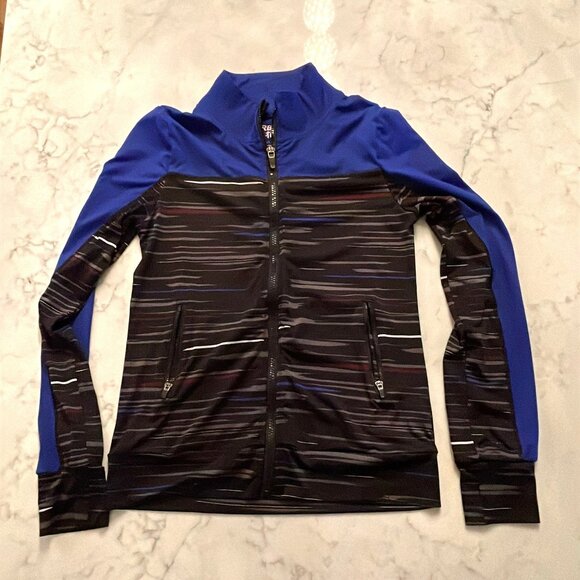 Active wear Royal Blue Gray stripe Urban zip up Sweater Girls Size L  - 14/16 - Picture 3 of 13